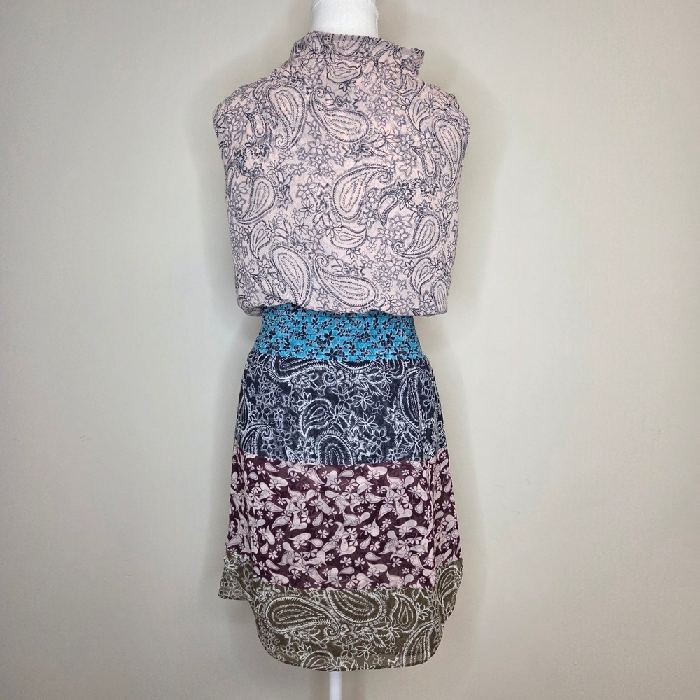 Cabi Paisley Tiered Ruffle Neck Smocked Waist Sleeveless Mini Dress XS - Picture 5 of 7